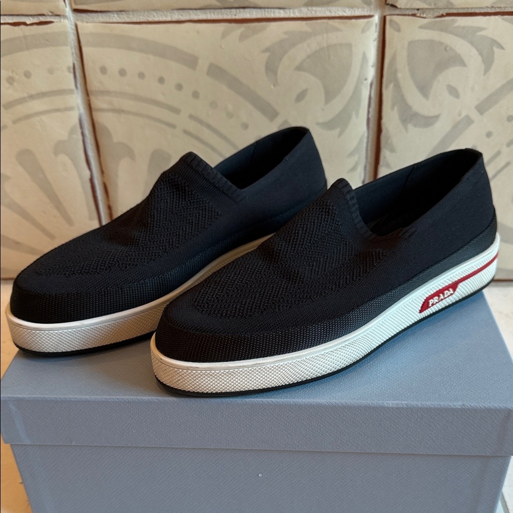 Prada Woman’s Black and White Slip-On Tennis shoe